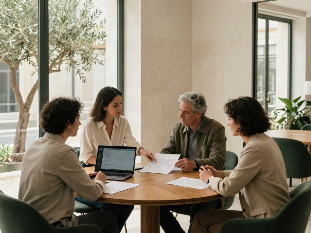 Illustrative business review session with consultants discussing data and strategic priorities around a table