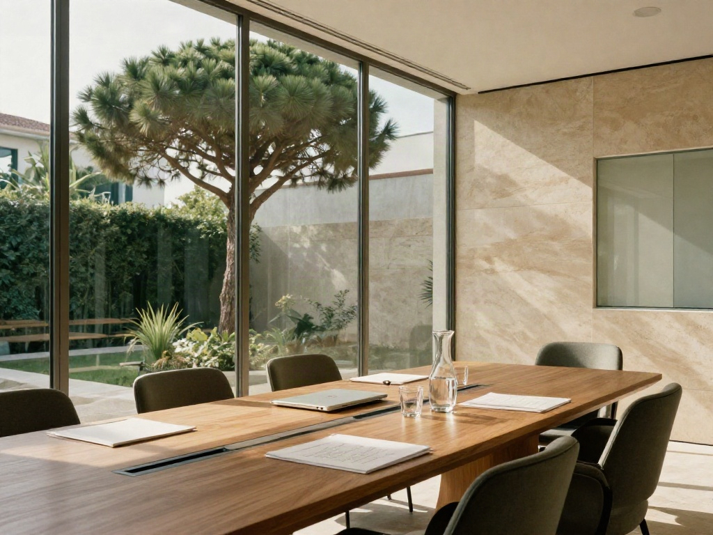 Sunlit strategy meeting room with an oak conference table, analytical reports and a view of a green courtyard